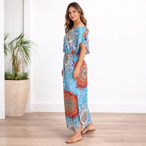 VERABENDI Dresses & Skirts - Verabendi Boho Mandala Maxi Dress Off Shoulder Blue Orange Size M